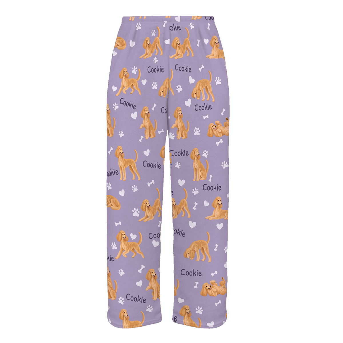 Personalized Poodle Pajama Pants, Custom Pet Name Fleece Trousers, Dog Lover Gift — Soft Lavender full-trouser mockup