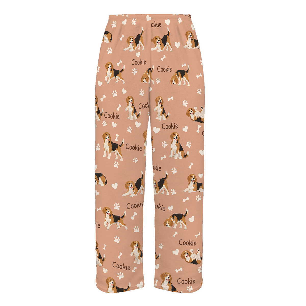 Personalized Beagle Pajama Pants, Custom Pet Name Fleece Trousers, Dog Lover Gift — Peach full-trouser mockup