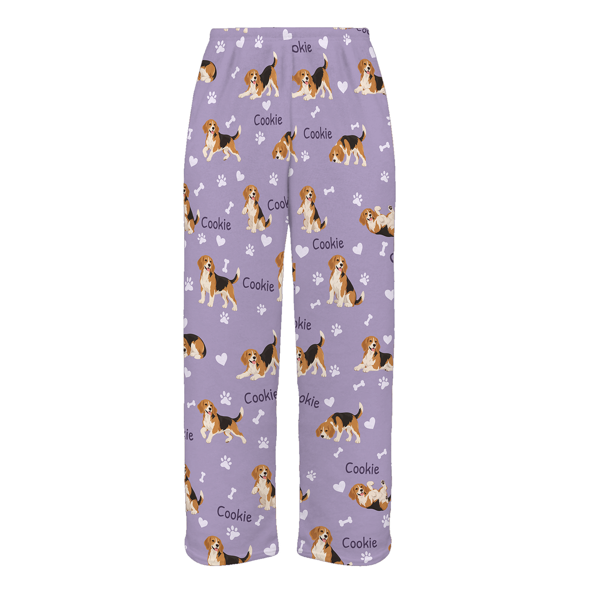 Personalized Beagle Pajama Pants, Custom Pet Name Fleece Trousers, Dog Lover Gift — Soft Lavender full-trouser mockup