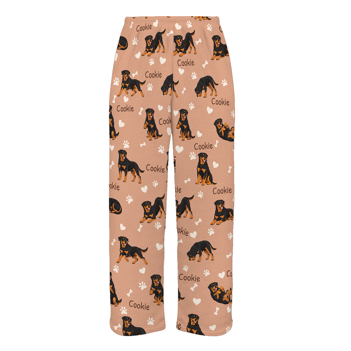 Personalized Rottweiler Pajama Pants, Custom Pet Name Fleece Trousers, Dog Lover Gift — Peach full-trouser mockup