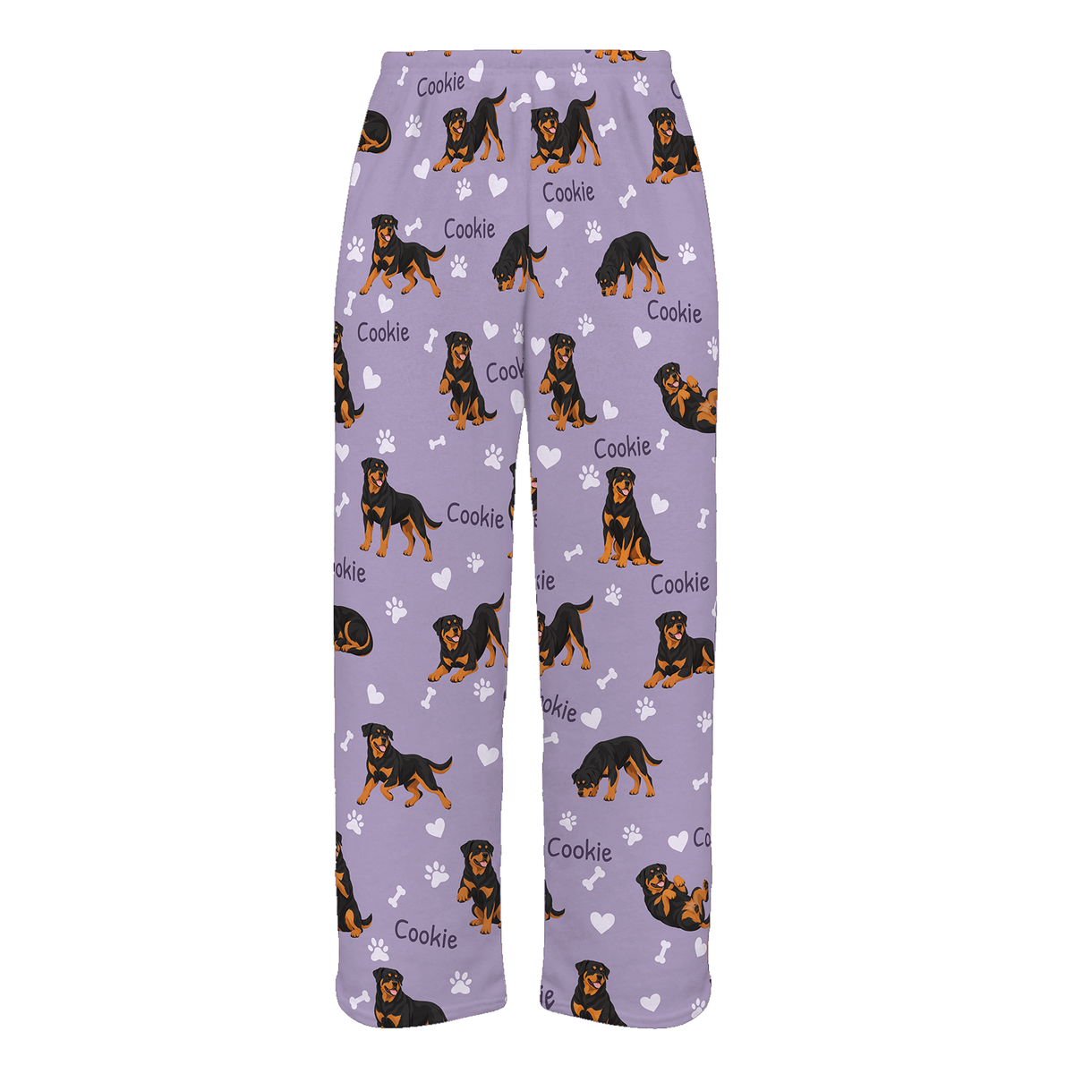 Personalized Rottweiler Pajama Pants, Custom Pet Name Fleece Trousers, Dog Lover Gift — Soft Lavender full-trouser mockup