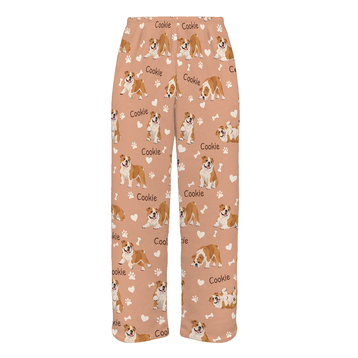 Personalized Bulldog Pajama Pants, Custom Pet Name Fleece Trousers, Dog Lover Gift — Peach full-trouser mockup