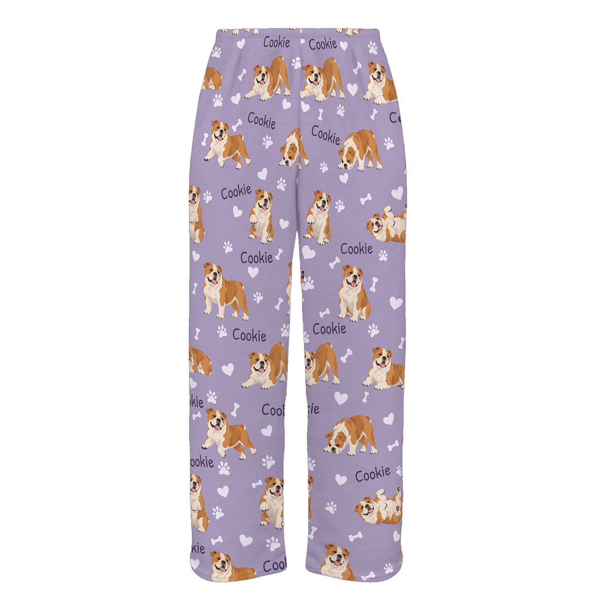 Personalized Bulldog Pajama Pants, Custom Pet Name Fleece Trousers, Dog Lover Gift — Soft Lavender full-trouser mockup