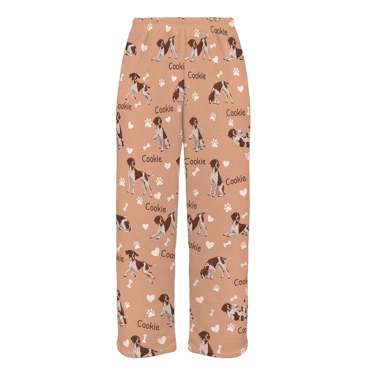 Personalized German Shorthaired Pointer Pajama Pants, Custom Pet Name Fleece Trousers, Dog Lover Gift — Peach full-trouser mockup