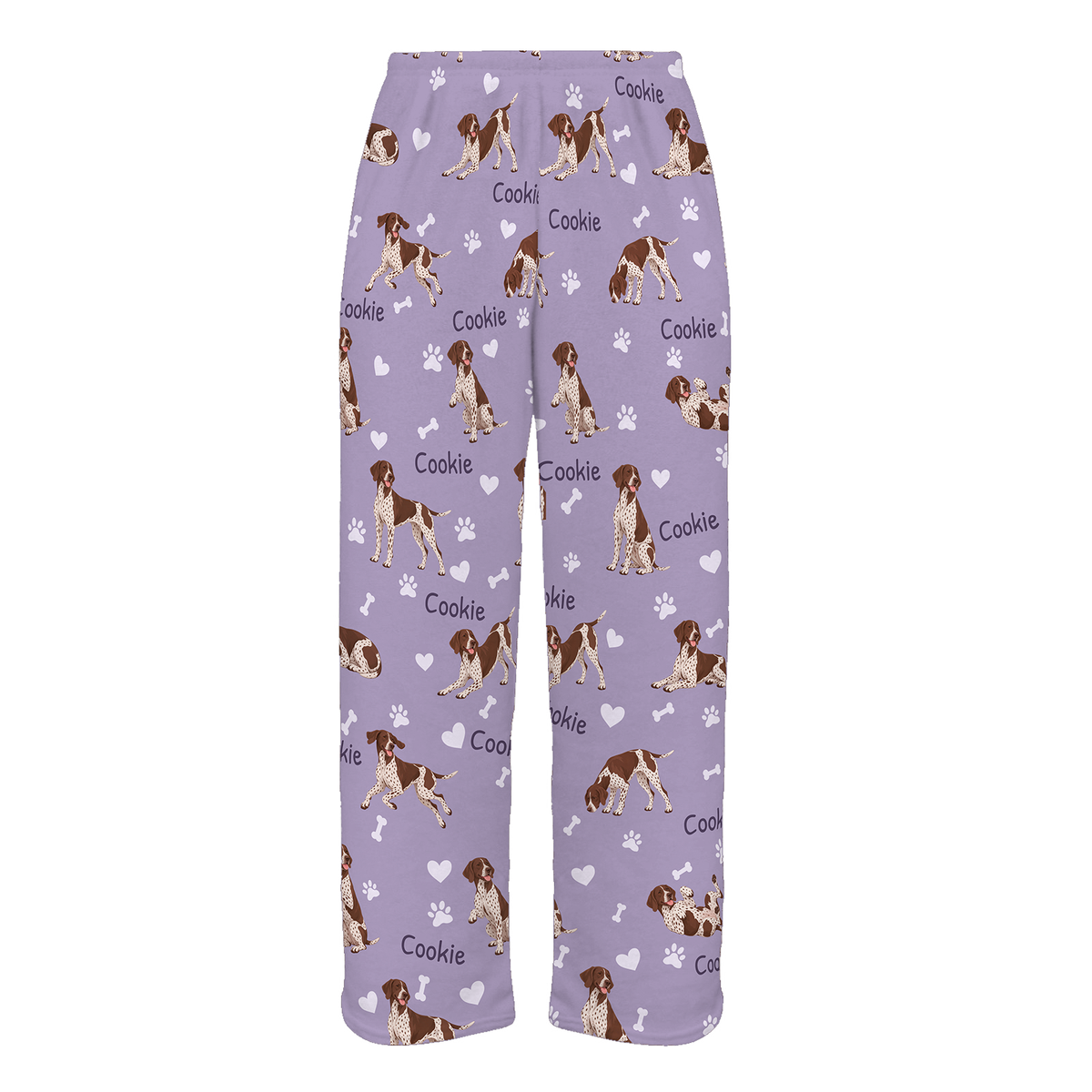 Personalized German Shorthaired Pointer Pajama Pants, Custom Pet Name Fleece Trousers, Dog Lover Gift — Soft Lavender full-trouser mockup