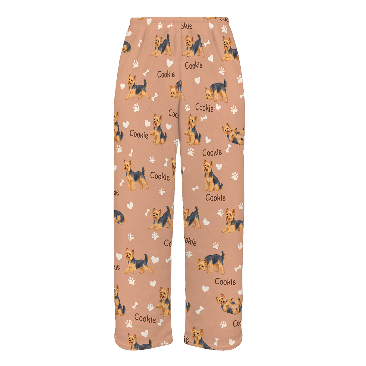Personalized Yorkshire Terrier Pajama Pants, Custom Pet Name Fleece Trousers, Dog Lover Gift — Peach full-trouser mockup
