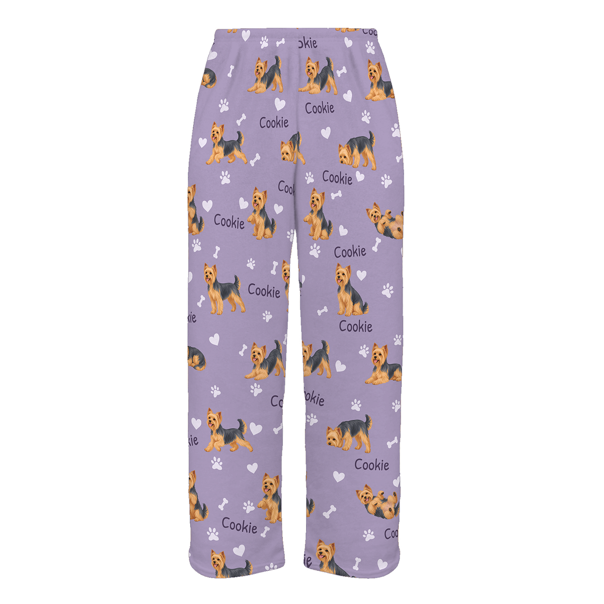 Personalized Yorkshire Terrier Pajama Pants, Custom Pet Name Fleece Trousers, Dog Lover Gift — Soft Lavender full-trouser mockup