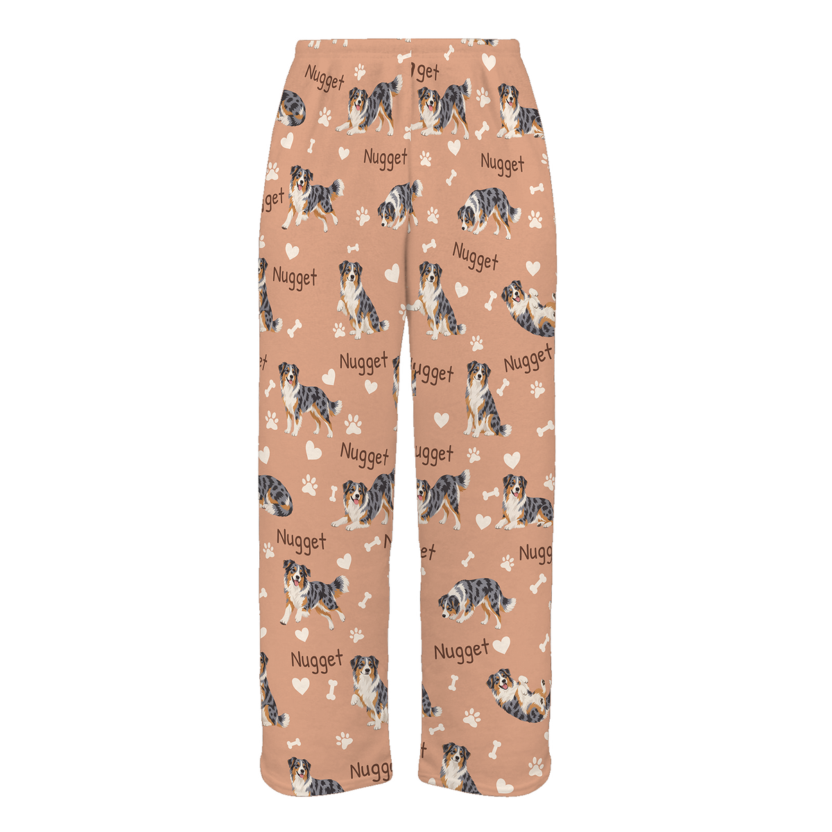 Personalized Australian Shepherd Pajama Pants, Custom Pet Name Fleece Trousers, Dog Lover Gift — Peach full-trouser mockup