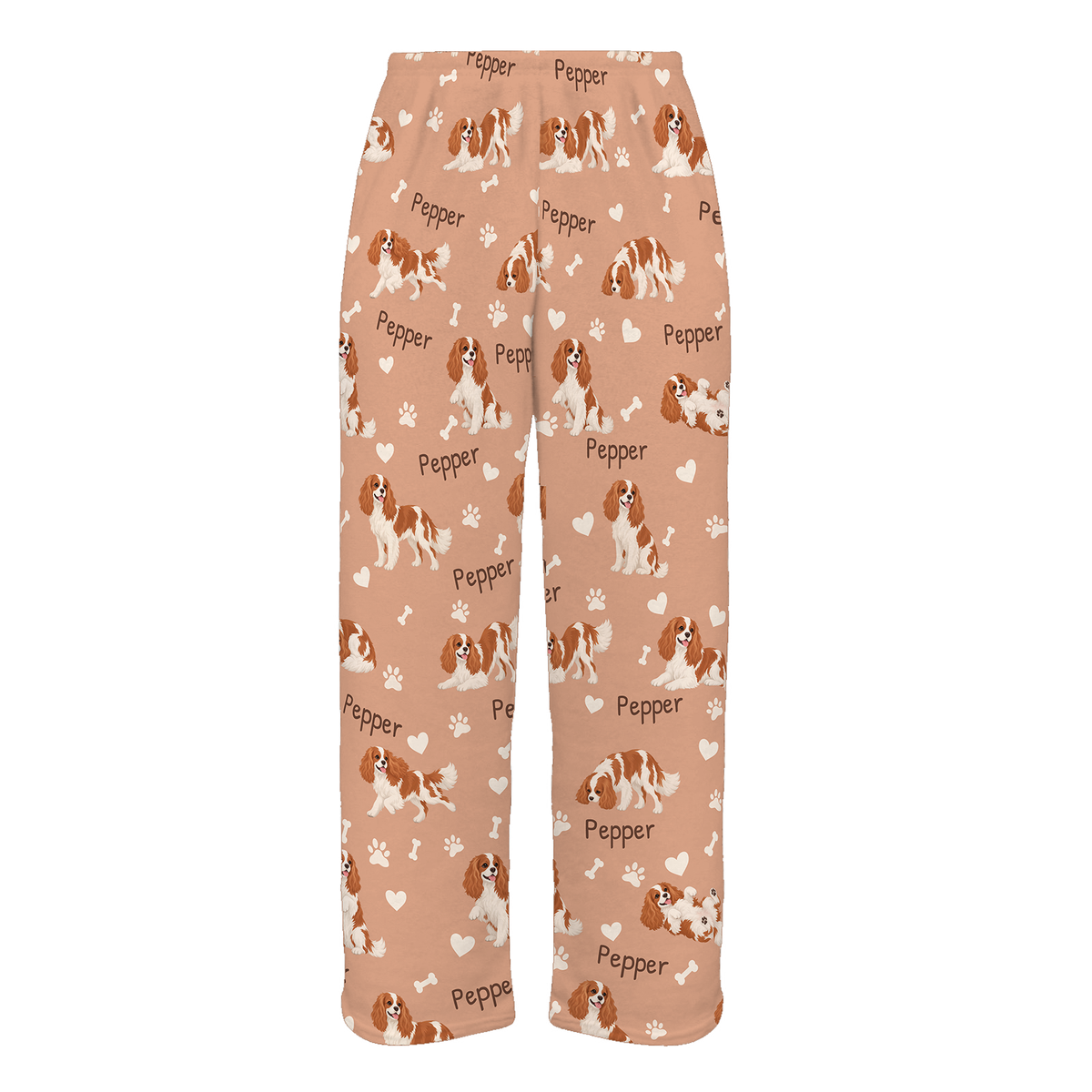 Personalized Cavalier King Charles Spaniel Pajama Pants, Custom Pet Name Fleece Trousers, Dog Lover Gift — Peach full-trouser mockup