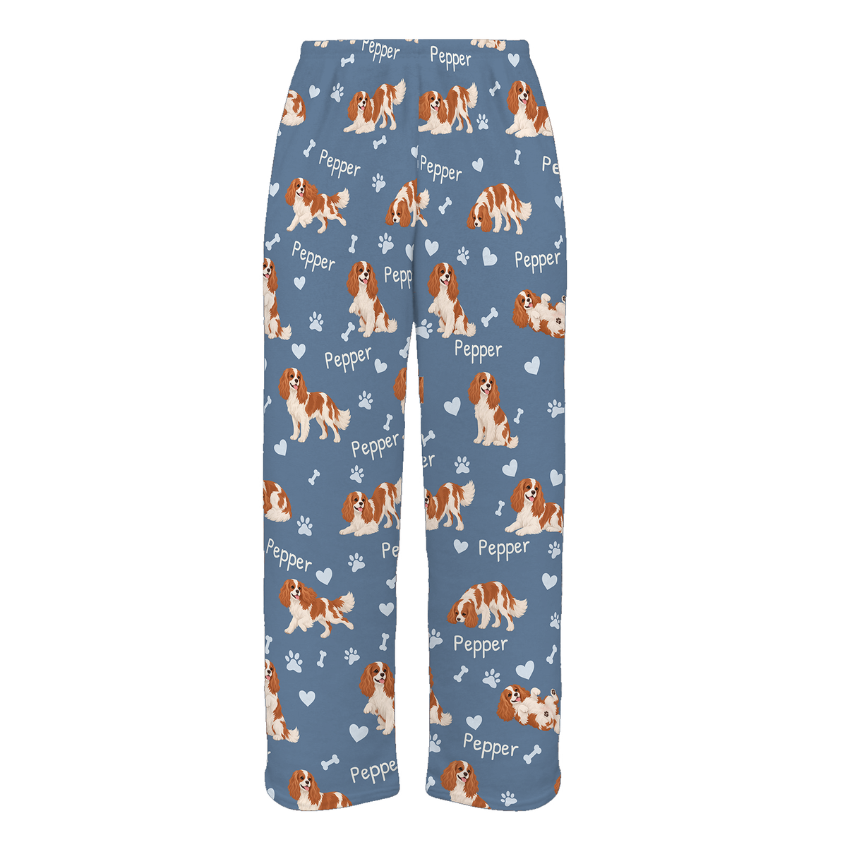 Personalized Cavalier King Charles Spaniel Pajama Pants, Custom Pet Name Fleece Trousers, Dog Lover Gift — Slate Blue full-trouser mockup