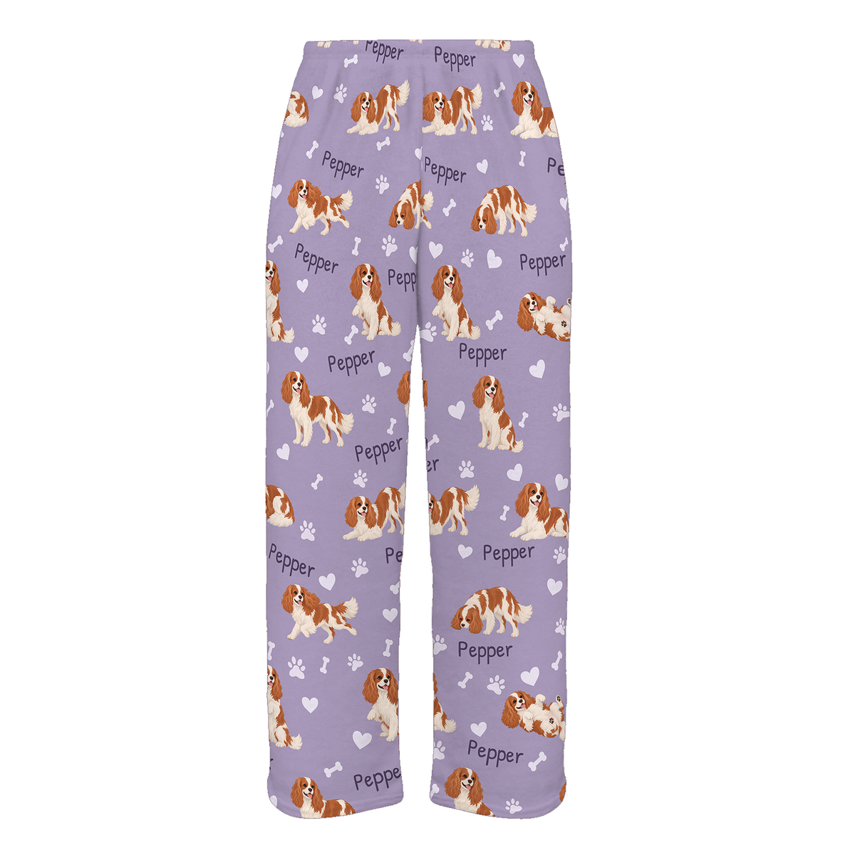 Personalized Cavalier King Charles Spaniel Pajama Pants, Custom Pet Name Fleece Trousers, Dog Lover Gift — Soft Lavender full-trouser mockup