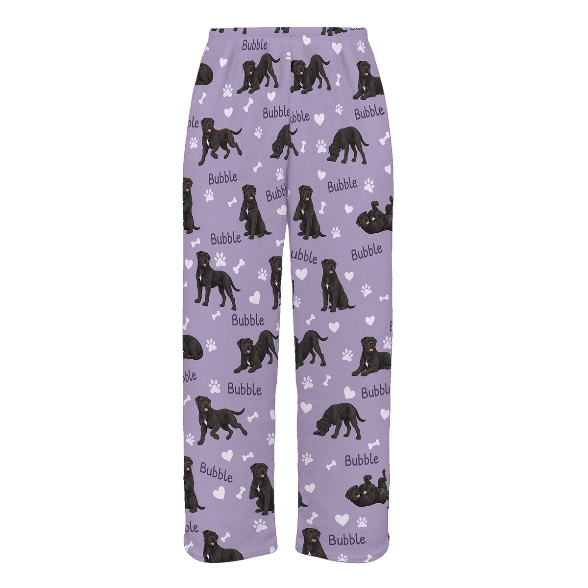 Personalized Cane Corso Pajama Pants, Custom Pet Name Fleece Trousers, Dog Lover Gift — Soft Lavender full-trouser mockup