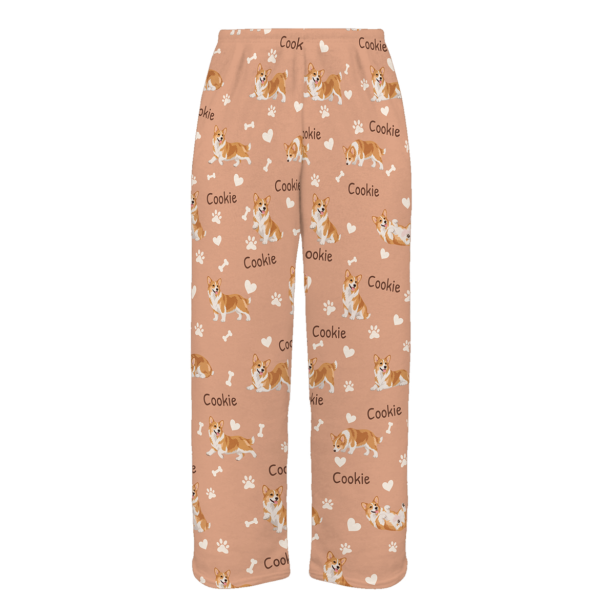 Personalized Pembroke Welsh Corgi Pajama Pants, Custom Pet Name Fleece Trousers, Dog Lover Gift — Peach full-trouser mockup