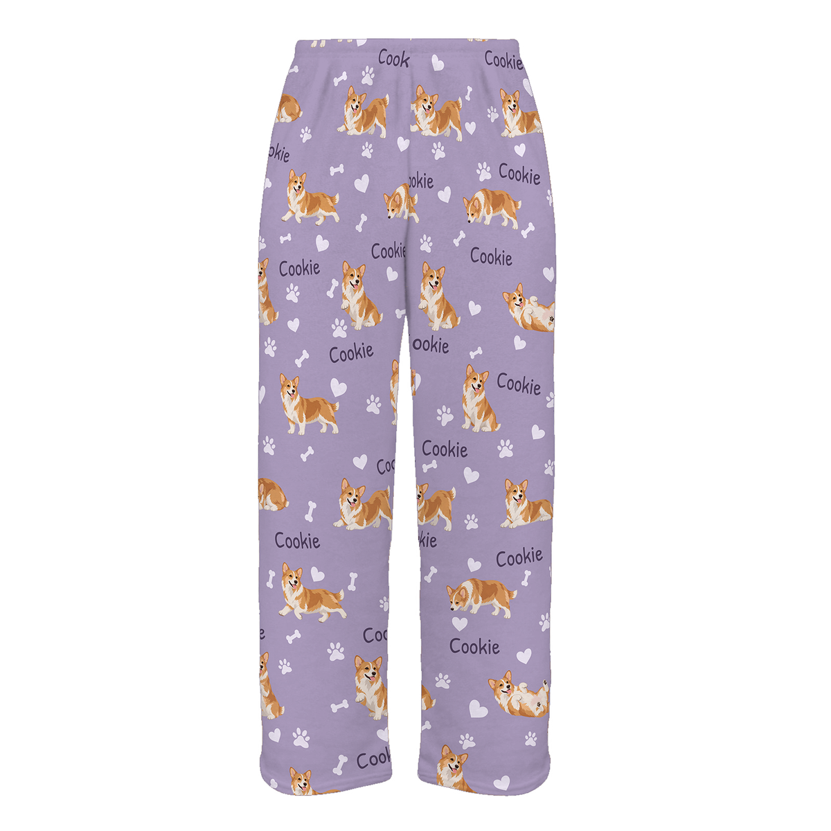 Personalized Pembroke Welsh Corgi Pajama Pants, Custom Pet Name Fleece Trousers, Dog Lover Gift — Soft Lavender full-trouser mockup
