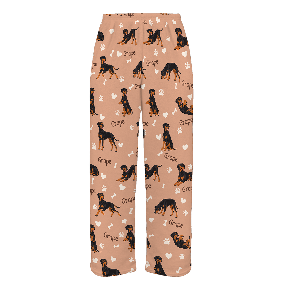 Personalized Doberman Pinscher Pajama Pants, Custom Pet Name Fleece Trousers, Dog Lover Gift — Peach full-trouser mockup