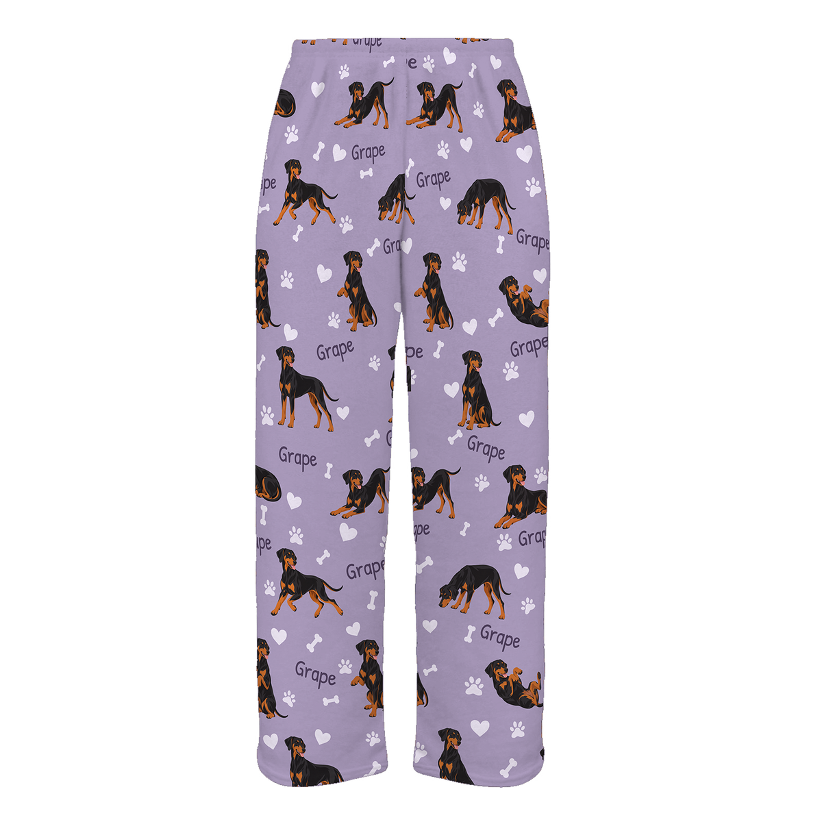 Personalized Doberman Pinscher Pajama Pants, Custom Pet Name Fleece Trousers, Dog Lover Gift — Soft Lavender full-trouser mockup