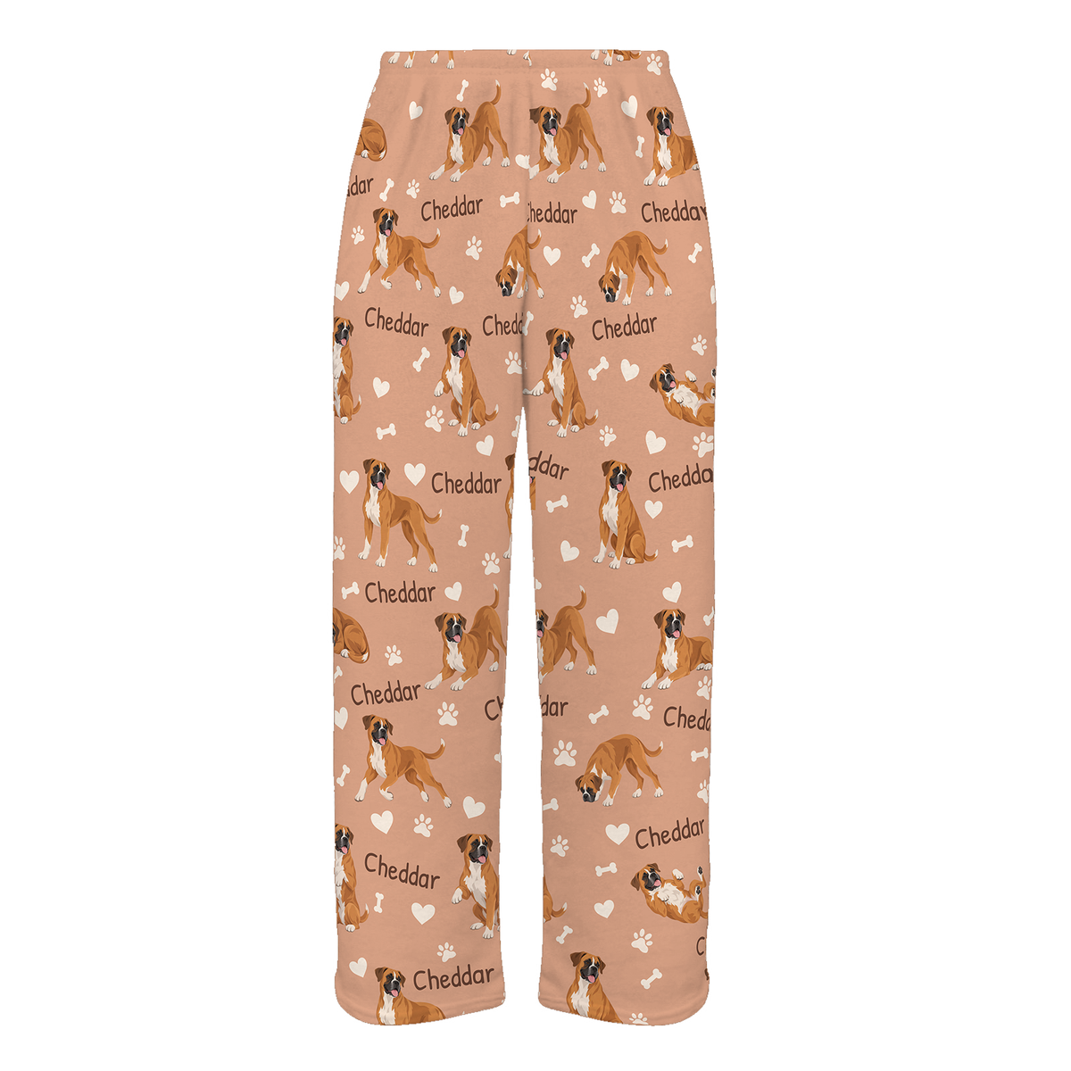 Personalized Boxer Pajama Pants, Custom Pet Name Fleece Trousers, Dog Lover Gift — Peach full-trouser mockup