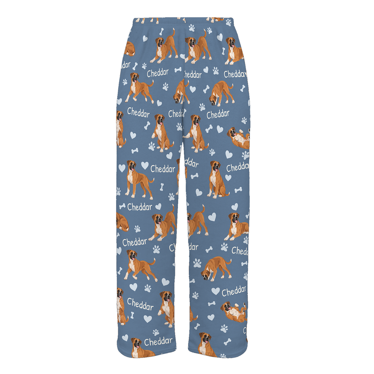 Personalized Boxer Pajama Pants, Custom Pet Name Fleece Trousers, Dog Lover Gift — Slate Blue full-trouser mockup