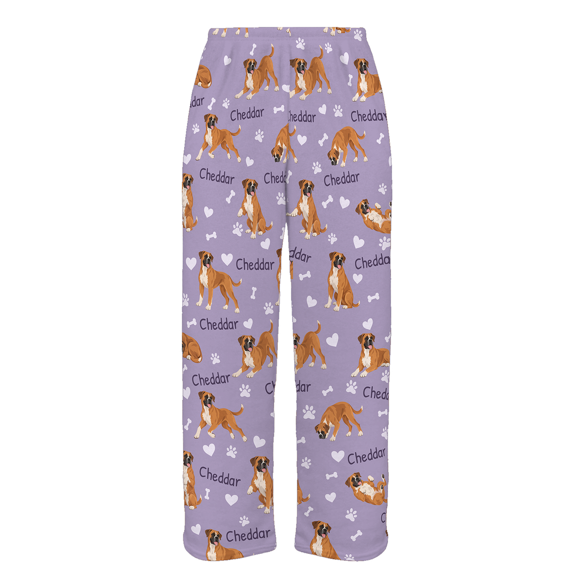 Personalized Boxer Pajama Pants, Custom Pet Name Fleece Trousers, Dog Lover Gift — Soft Lavender full-trouser mockup