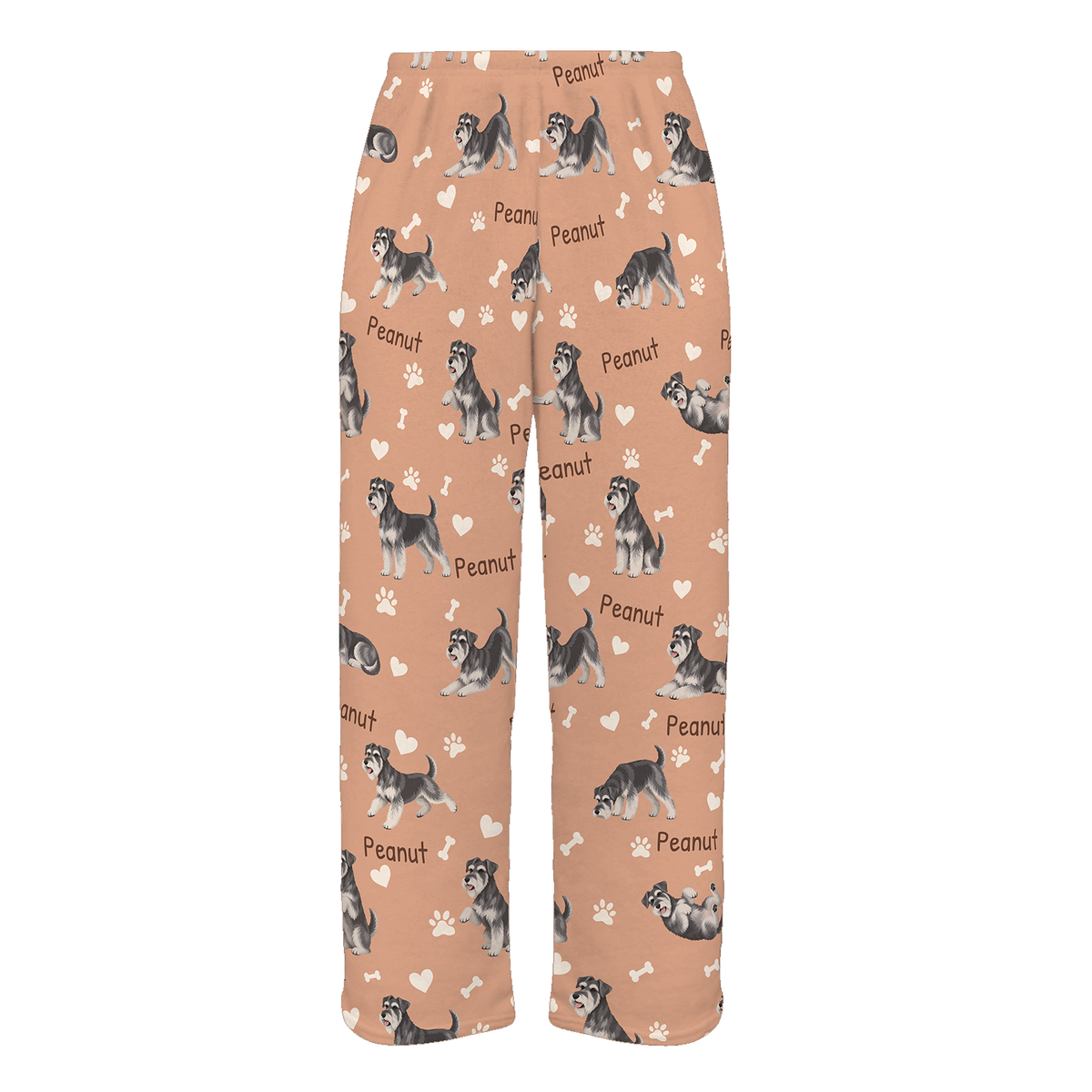 Personalized Miniature Schnauzer Pajama Pants, Custom Pet Name Fleece Trousers, Dog Lover Gift — Peach full-trouser mockup