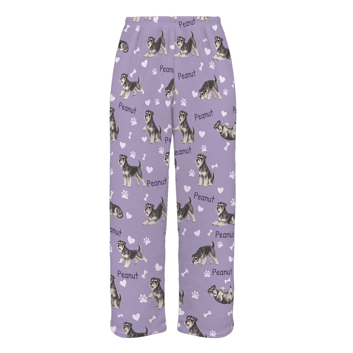Personalized Miniature Schnauzer Pajama Pants, Custom Pet Name Fleece Trousers, Dog Lover Gift — Soft Lavender full-trouser mockup