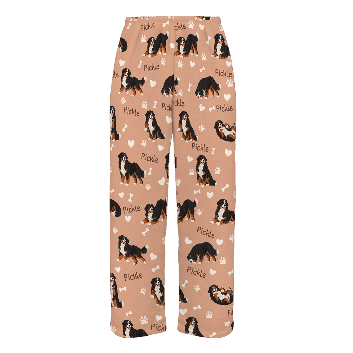 Personalized Bernese Mountain Dog Pajama Pants, Custom Pet Name Fleece Trousers, Dog Lover Gift — Peach full-trouser mockup