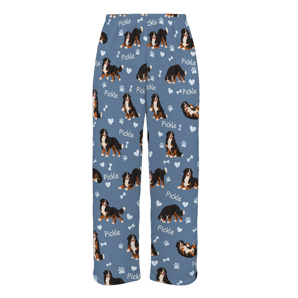 Personalized Bernese Mountain Dog Pajama Pants, Custom Pet Name Fleece Trousers, Dog Lover Gift — Slate Blue full-trouser mockup