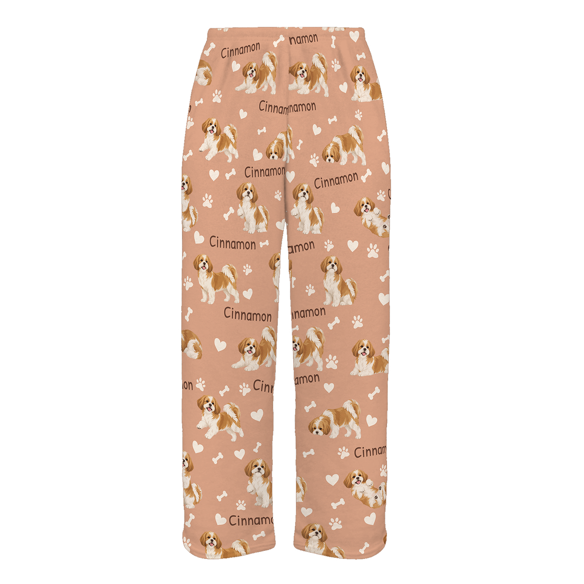 Personalized Shih Tzu Pajama Pants, Custom Pet Name Fleece Trousers, Dog Lover Gift — Peach full-trouser mockup