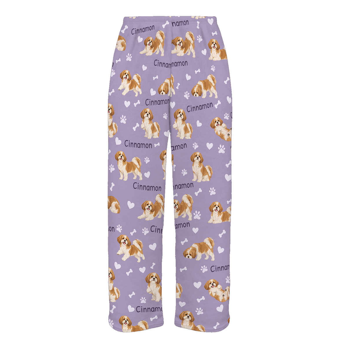 Personalized Shih Tzu Pajama Pants, Custom Pet Name Fleece Trousers, Dog Lover Gift — Soft Lavender full-trouser mockup