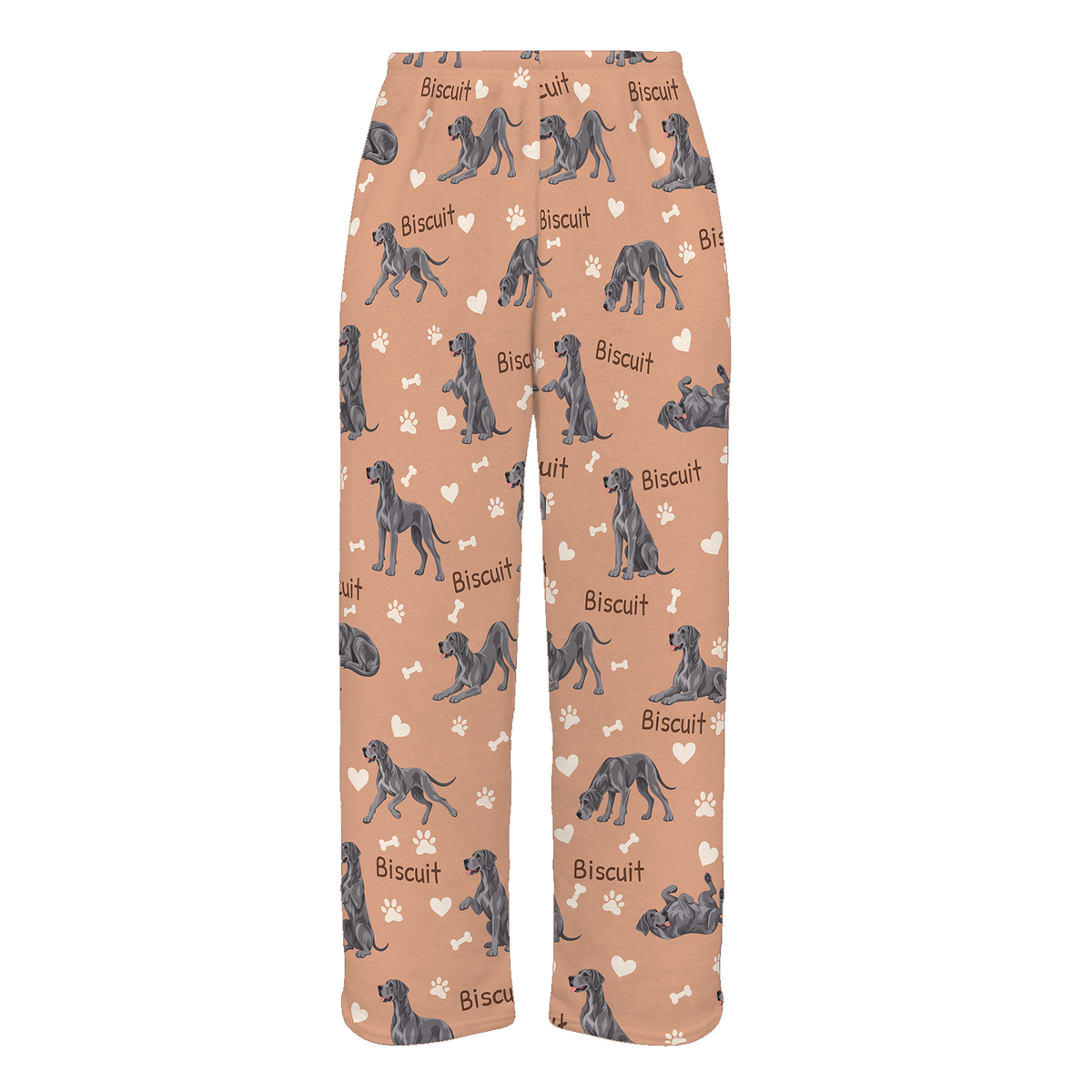 Personalized Great Dane Pajama Pants, Custom Pet Name Fleece Trousers, Dog Lover Gift — Peach full-trouser mockup