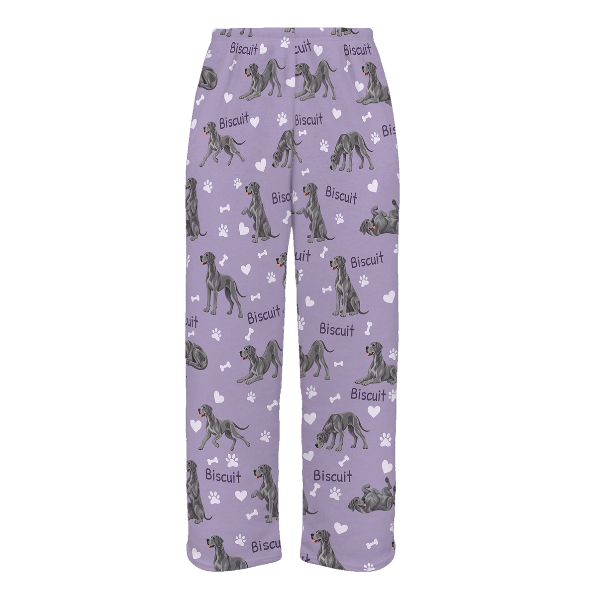 Personalized Great Dane Pajama Pants, Custom Pet Name Fleece Trousers, Dog Lover Gift — Soft Lavender full-trouser mockup