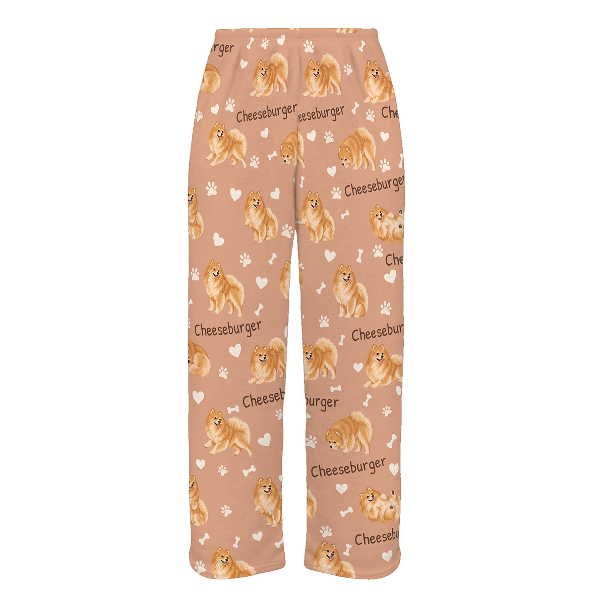 Personalized Pomeranian Pajama Pants, Custom Pet Name Fleece Trousers, Dog Lover Gift — Peach full-trouser mockup