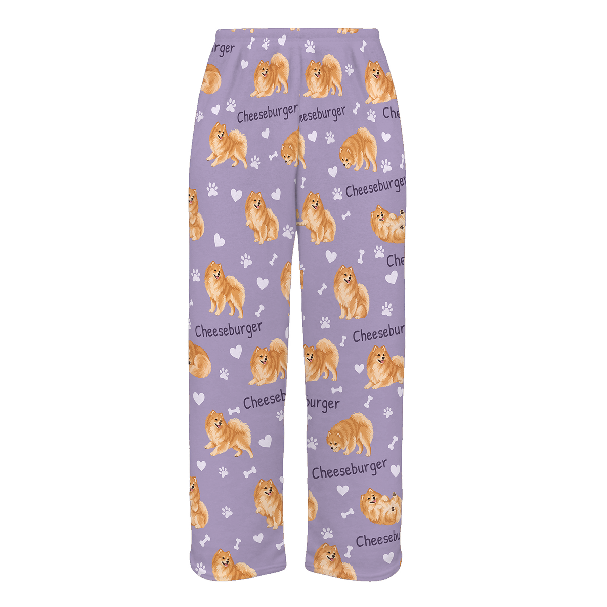 Personalized Pomeranian Pajama Pants, Custom Pet Name Fleece Trousers, Dog Lover Gift — Soft Lavender full-trouser mockup