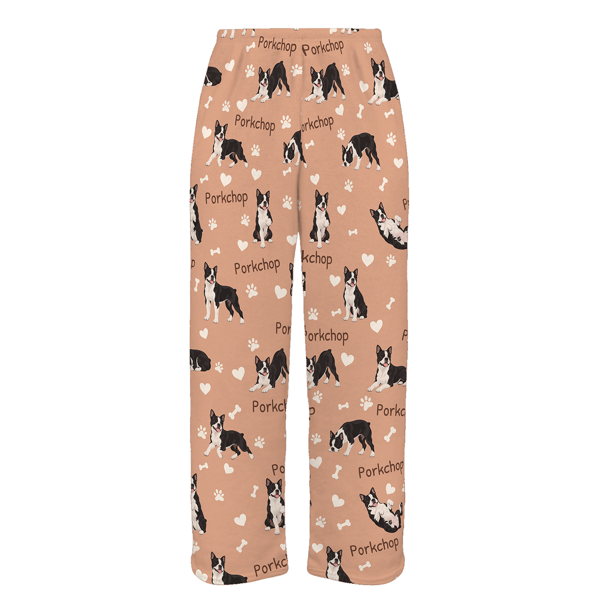 Personalized Boston Terrier Pajama Pants, Custom Pet Name Fleece Trousers, Dog Lover Gift — Peach full-trouser mockup
