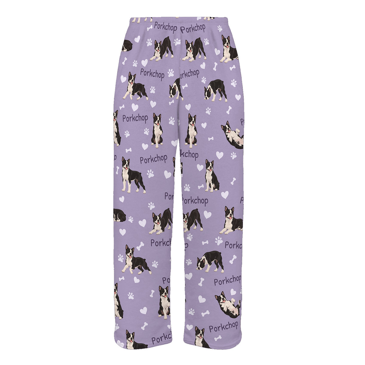 Personalized Boston Terrier Pajama Pants, Custom Pet Name Fleece Trousers, Dog Lover Gift — Soft Lavender full-trouser mockup