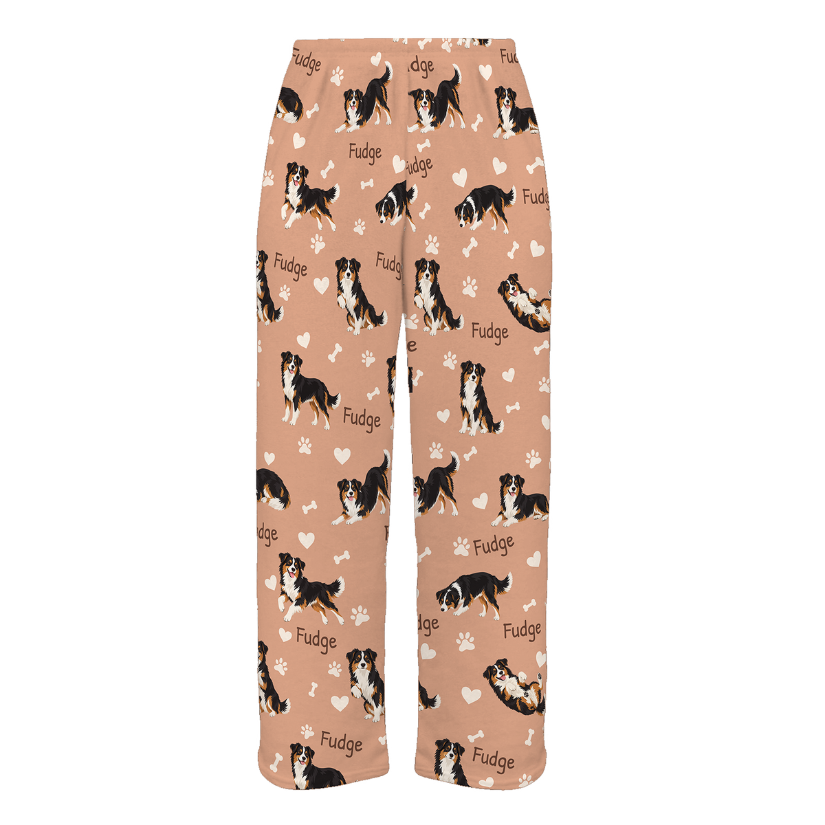 Personalized Miniature American Shepherd Pajama Pants, Custom Pet Name Fleece Trousers, Dog Lover Gift — Peach full-trouser mockup