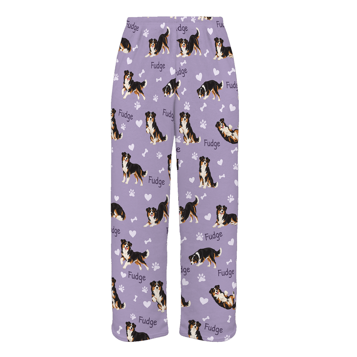 Personalized Miniature American Shepherd Pajama Pants, Custom Pet Name Fleece Trousers, Dog Lover Gift — Soft Lavender full-trouser mockup