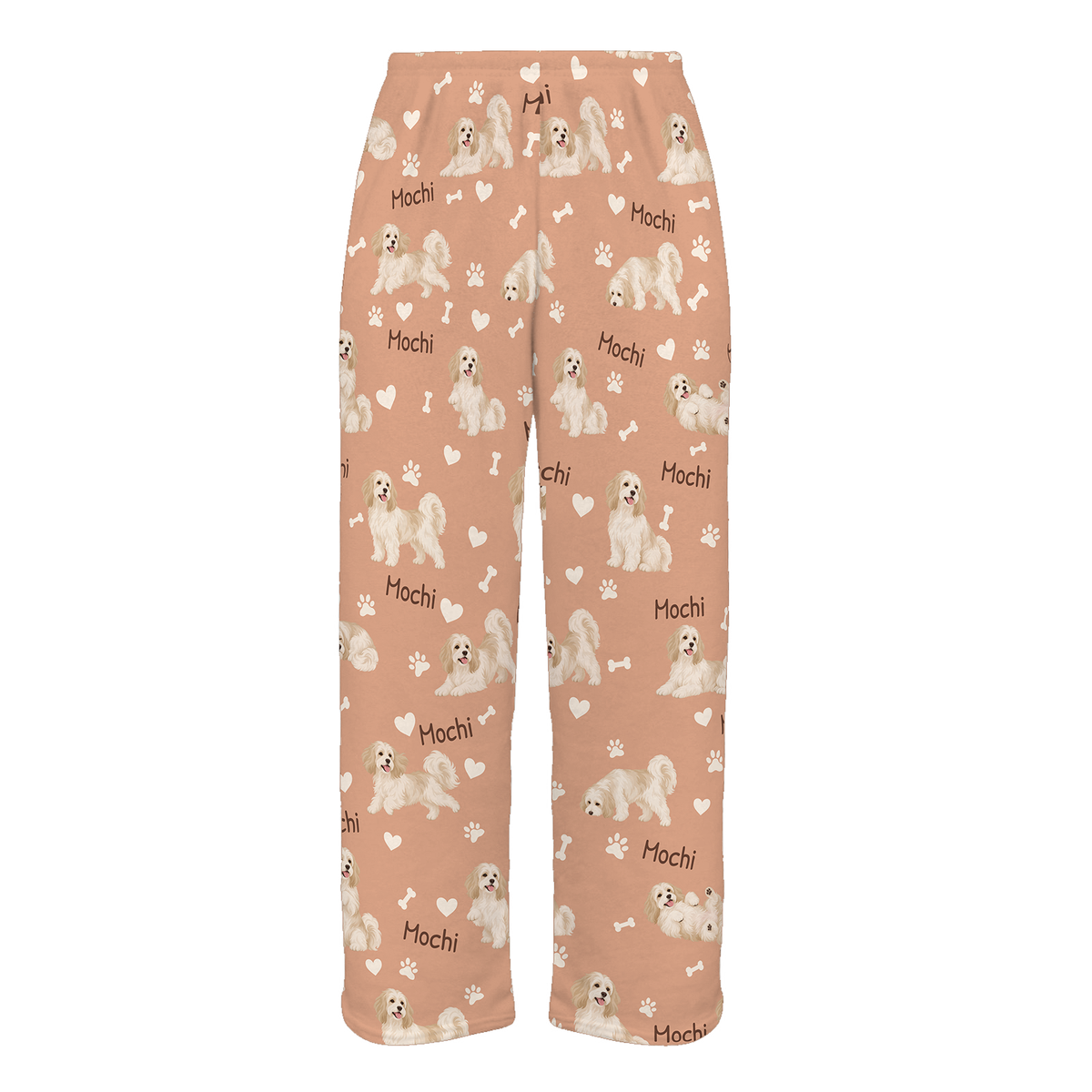 Personalized Havanese Pajama Pants, Custom Pet Name Fleece Trousers, Dog Lover Gift — Peach full-trouser mockup