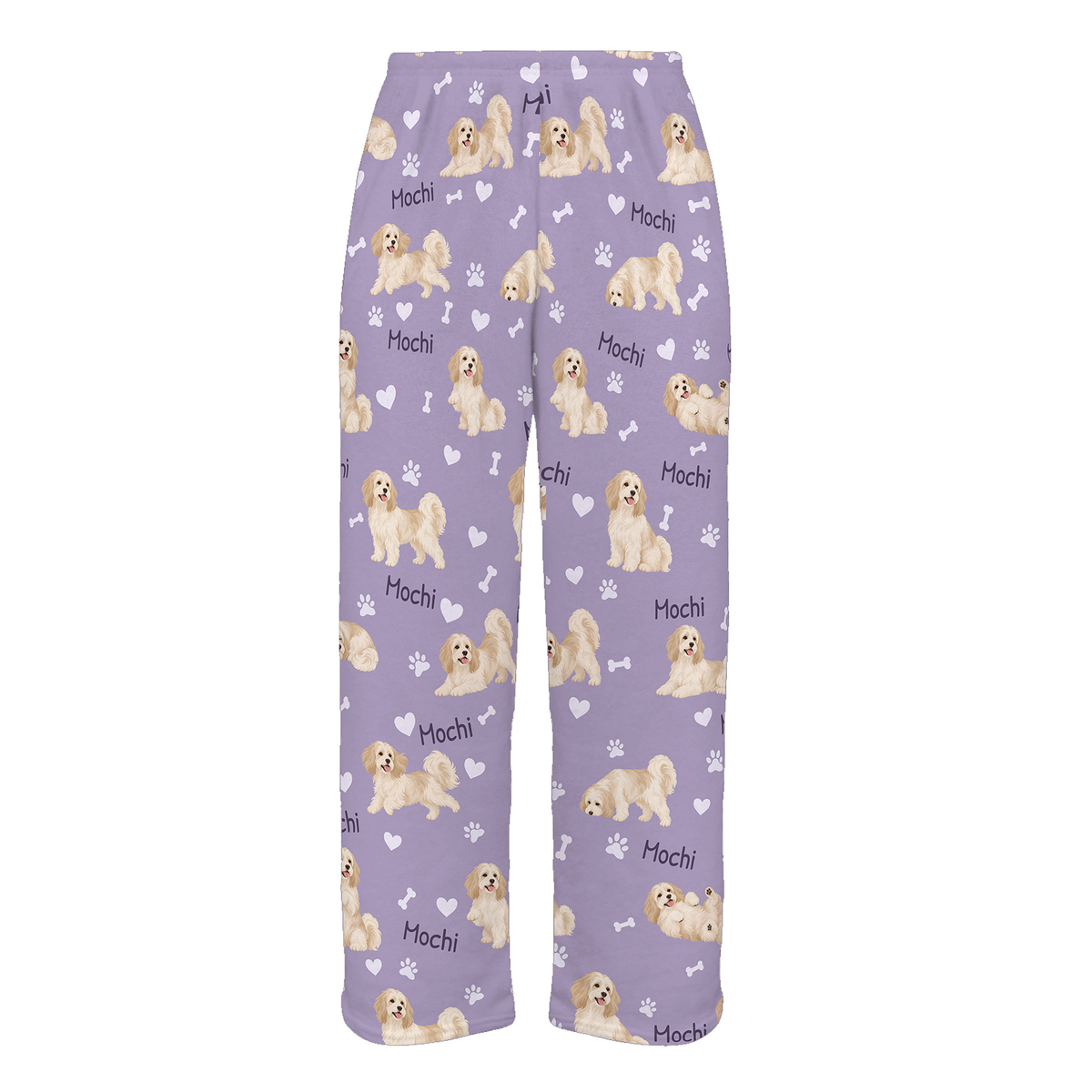 Personalized Havanese Pajama Pants, Custom Pet Name Fleece Trousers, Dog Lover Gift — Soft Lavender full-trouser mockup