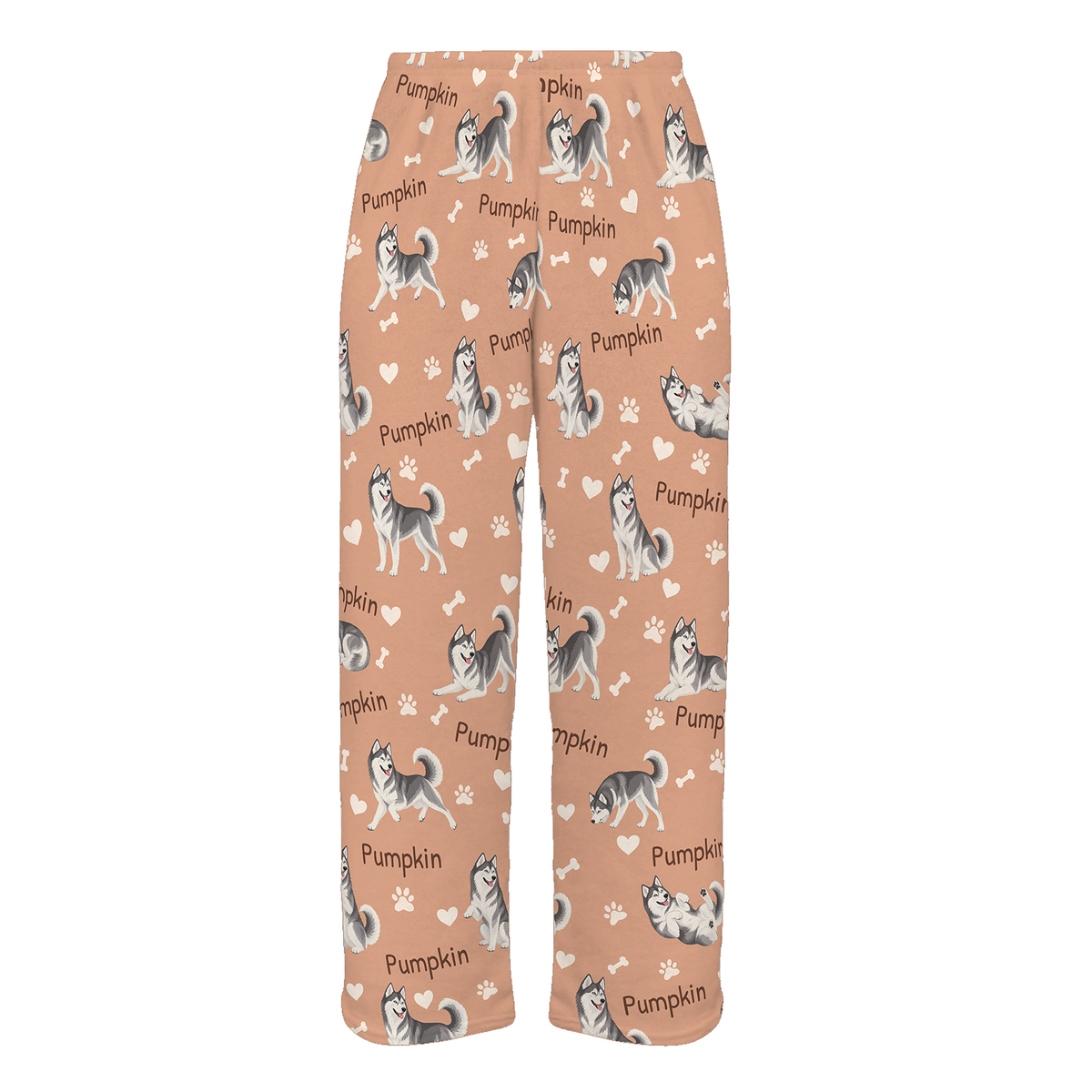 Personalized Siberian Husky Pajama Pants, Custom Pet Name Fleece Trousers, Dog Lover Gift — Peach full-trouser mockup