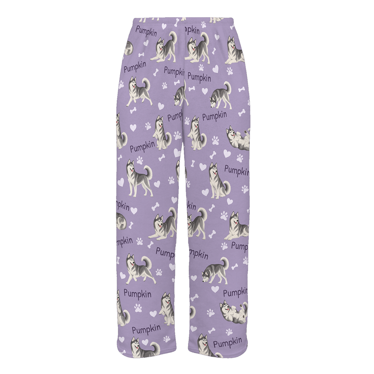 Personalized Siberian Husky Pajama Pants, Custom Pet Name Fleece Trousers, Dog Lover Gift — Soft Lavender full-trouser mockup