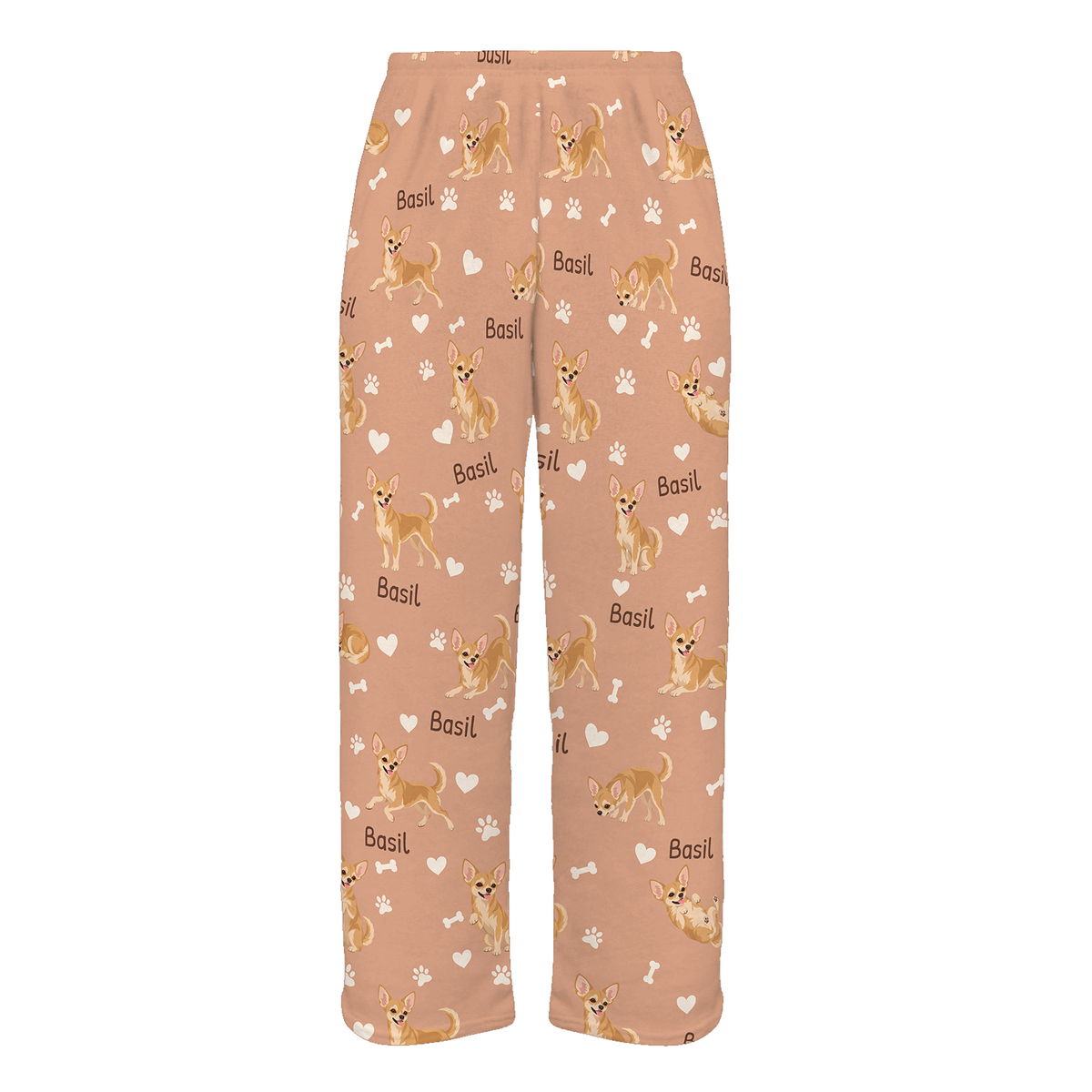 Personalized Chihuahua Pajama Pants, Custom Pet Name Fleece Trousers, Dog Lover Gift — Peach full-trouser mockup
