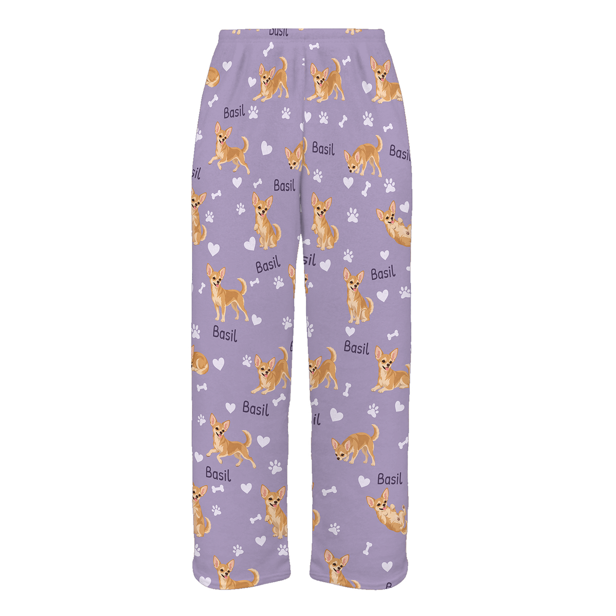 Personalized Chihuahua Pajama Pants, Custom Pet Name Fleece Trousers, Dog Lover Gift — Soft Lavender full-trouser mockup