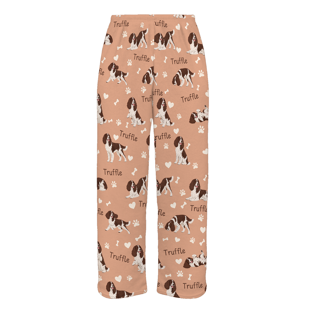 Personalized English Springer Spaniel Pajama Pants, Custom Pet Name Fleece Trousers, Dog Lover Gift — Peach full-trouser mockup
