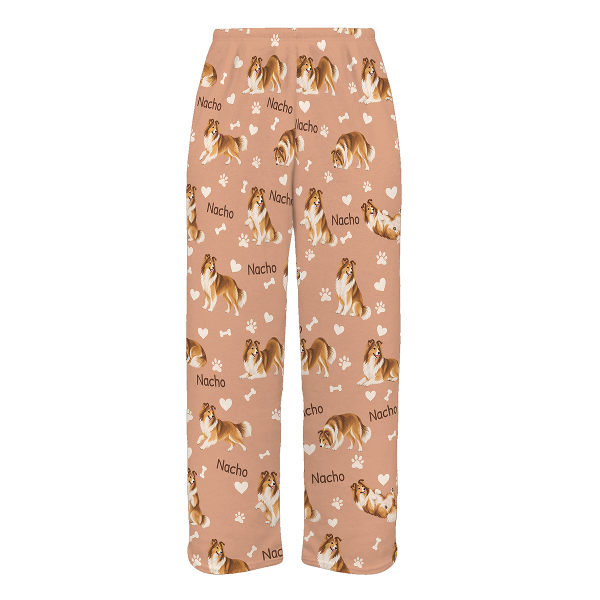 Personalized Shetland Sheepdog Pajama Pants, Custom Pet Name Fleece Trousers, Dog Lover Gift — Peach full-trouser mockup