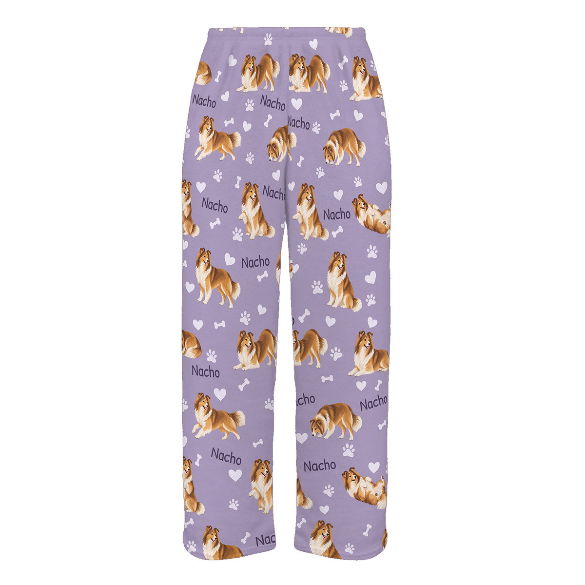 Personalized Shetland Sheepdog Pajama Pants, Custom Pet Name Fleece Trousers, Dog Lover Gift — Soft Lavender full-trouser mockup