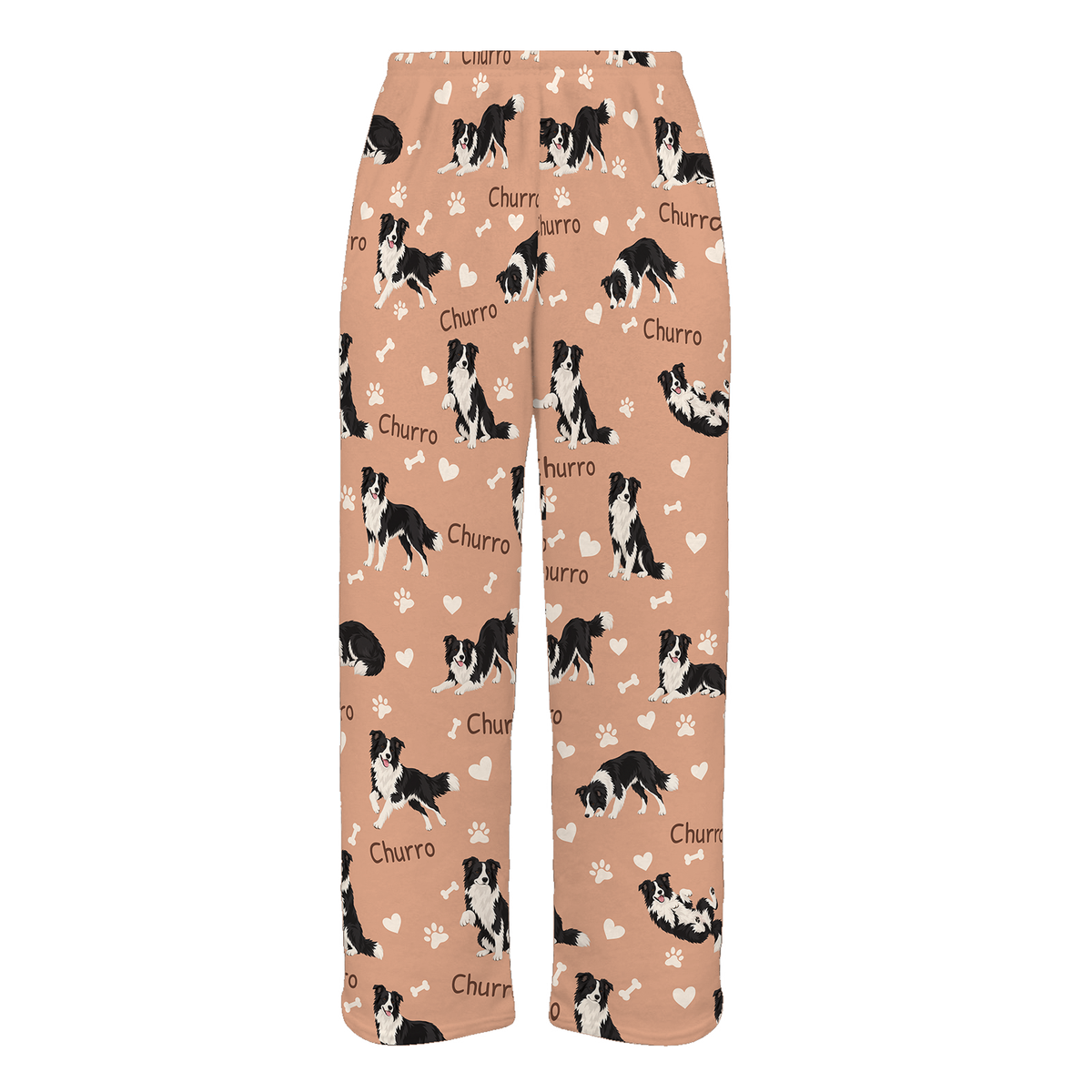 Personalized Border Collie Pajama Pants, Custom Pet Name Fleece Trousers, Dog Lover Gift — Peach full-trouser mockup