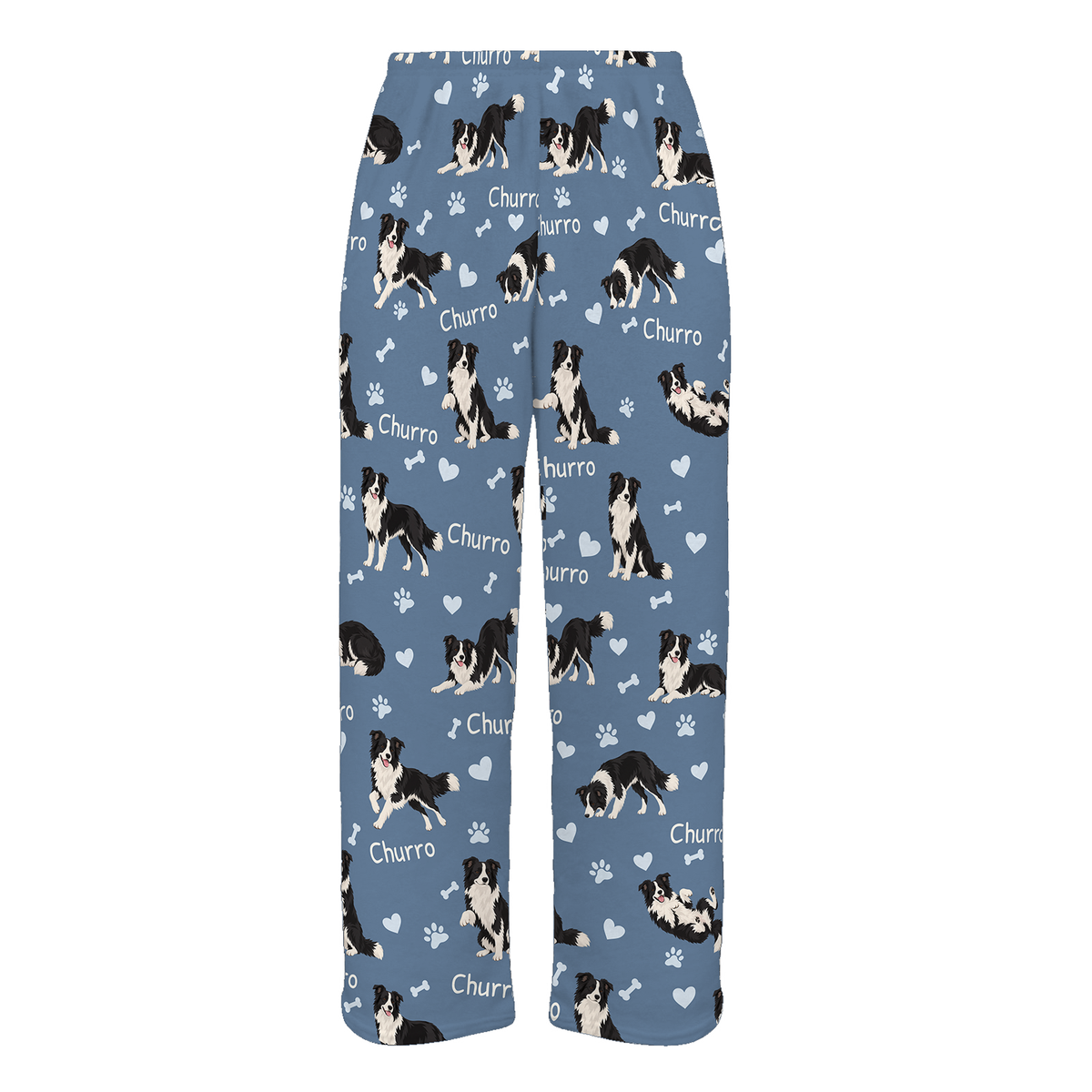 Personalized Border Collie Pajama Pants, Custom Pet Name Fleece Trousers, Dog Lover Gift — Slate Blue full-trouser mockup