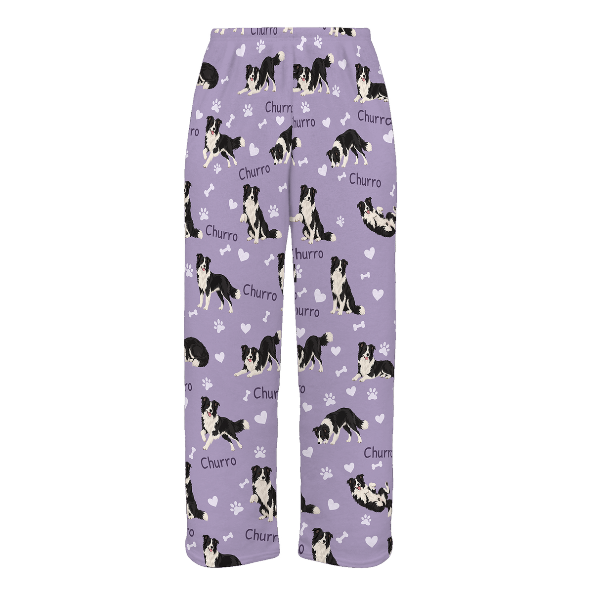 Personalized Border Collie Pajama Pants, Custom Pet Name Fleece Trousers, Dog Lover Gift — Soft Lavender full-trouser mockup