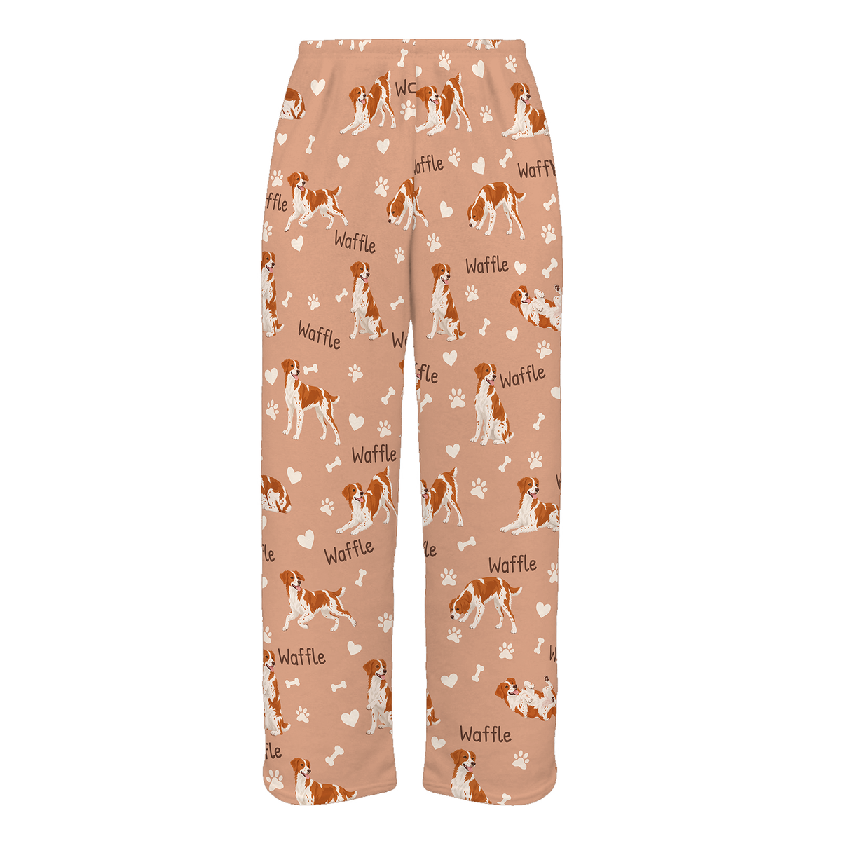 Personalized Brittany Pajama Pants, Custom Pet Name Fleece Trousers, Dog Lover Gift — Peach full-trouser mockup